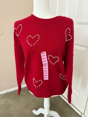 Vince Camuto Valentine Ultra Soft Cozy Relaxed Fit Red Sweater Heart Pearls